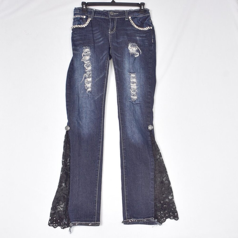 Premere by Rue 21 Women's Custom Embellished Black Lace Blue Jeans Size 5/6 Alt.